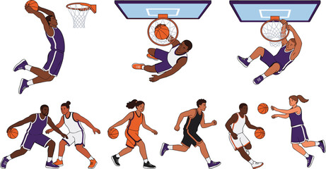 Basketball Players Action Vector Set Featuring Slam Dunking Dribbling Running and Shooting Elements for Sports Design © Ruhul
