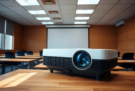 Modern white projector on a wooden desk in an empty classroom with a blank screen and fluorescent lighting, a blank projection screen is visible in the background, ready for a presentation