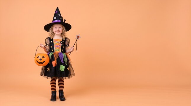 Happy Child Wearing Witch Dress Costume Celebrating Halloween on Orange background with copy space