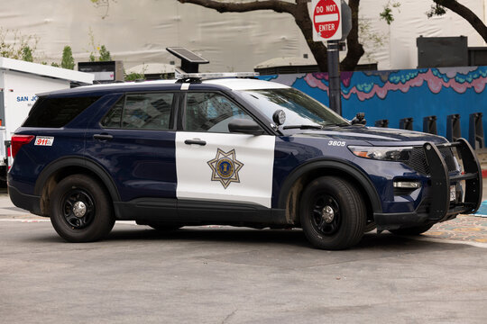 San Jose, California, USA - March 30, 2026: A San Jose Police Department unit patrols the downtown cityscape.