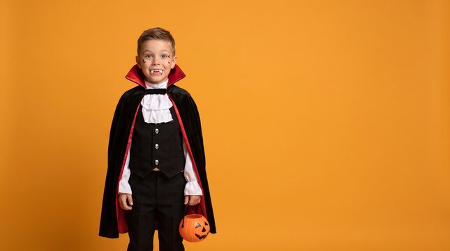 Happy Child Wearing Cute  Halloween Costume on Orange Background with Copy Space