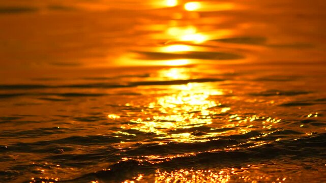 Golden sunset ripples wash over dark shoreline sand while reflective light dances across the tropical ocean tide. Fixed low-angle close-up shot.