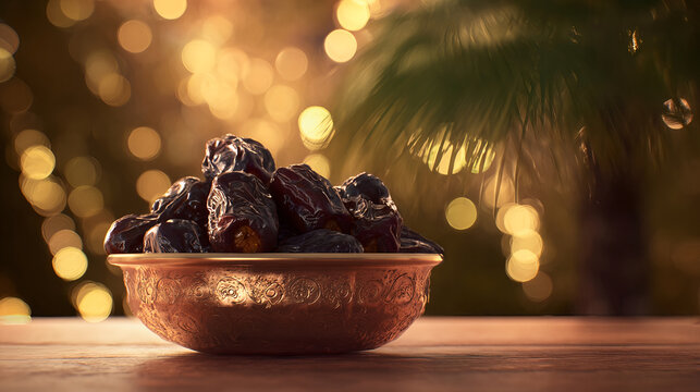 Dates or dattes palm fruit in wooden bowl is snack healthy, Set of various dates in bowl, Different kind of raw date fruit ready to eat, concrete background, Traditional, delicious and healthy ramadan