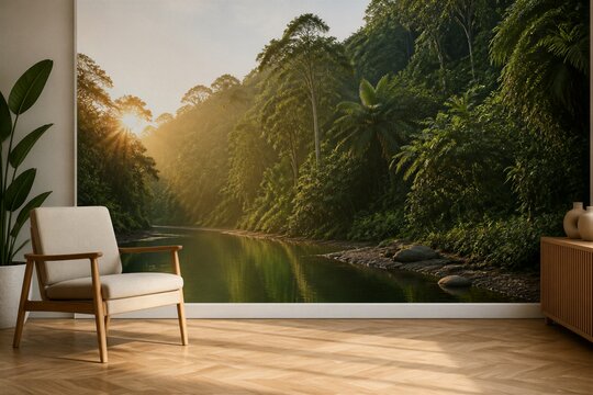 Armchair facing tropical river mural in modern living room