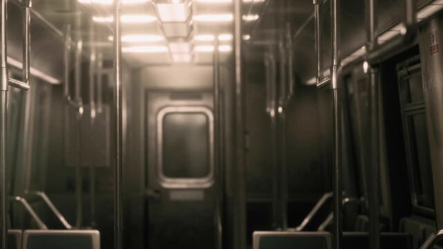 Inside a subway car, all the seats are empty. The lights are on, and the metal poles reflect some light. The train appears to be stopped at a station with no passengers.