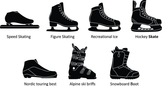 Winter Sports Footwear Silhouette Set with Ice Skates Ski Boots and Snowboard Boots