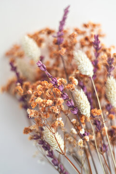Dried floral arrangement with lavender, bunny tail grass, and baby's breath