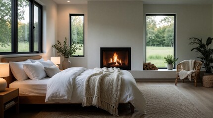 Fototapeta premium Modern bedroom interior features double bed with white linen blanket, burning fireplace in wall. Large windows reveal green forest view woven chair stands near fire hearth logs. Minimalist home
