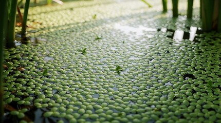 Obraz premium Green duckweed floats on calm pond water surface. Small aquatic plants cover lake in sunny summer day. Close up view shows fresh leaves texture in swamp. Tiny algae grow in clean ecosystem. Nature