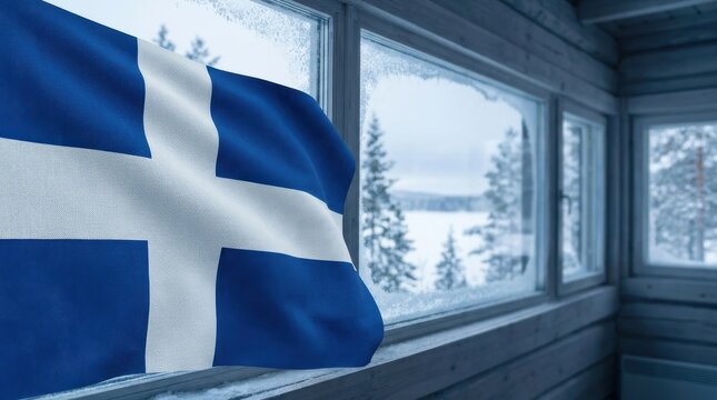 Blue cross flag fabric waving beside bright winter window, realistic stock photo, Nordic travel concept, cool daylight, blue white