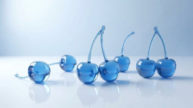 Blue glass cherries on reflective studio surface, studio product photo, decorative fruit composition, cool bright light, blue