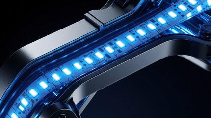 Naklejka premium Close-up view of bright blue LED strip lights on circuit board. Modern tech reflects blue glow. Abstract digital, electronic future background.