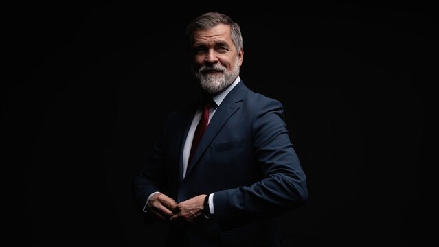 Studio portrait of senior businessman in suit on dark background