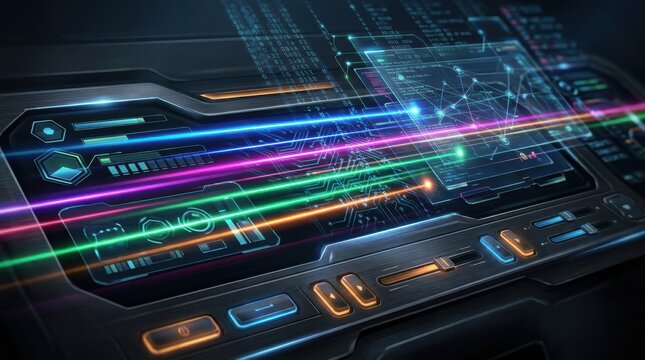 Abstract electronic dashboard panel displaying flashing colorful cyber lasers, digital illustration, dynamic telemetry network