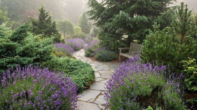 Evergreen garden with lavender flowers and stone path in soft daylight, realistic stock photo, serene landscaping composition,