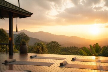 Fototapeta premium Yoga mats positioned on wooden deck at sunrise mountain view