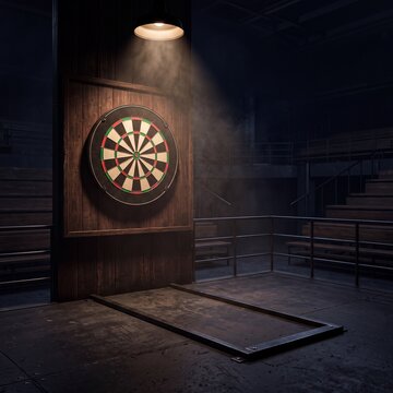 Nahaufnahme einer einsamen Dartscheibe im Spotlight in einer dunklen leeren Dartarena bei Nacht