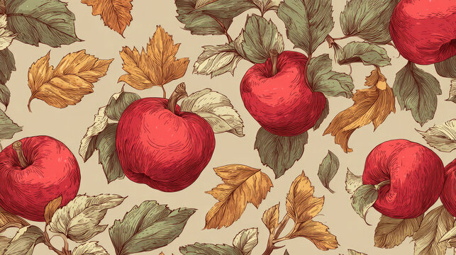 Vintage Hand Drawn Apple and Leaf Pattern Background, Retro Botanical Fruit Illustration
