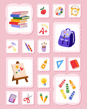 Cute school sticker collection with books, backpack, stationery and art supplies. Colorful educational vector postage stamps set for classroom, planner and workbook. Back to school poster