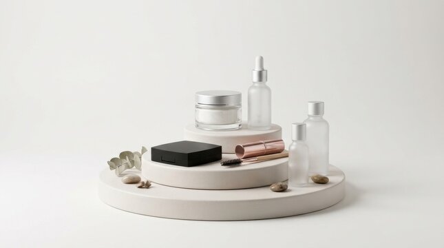 Minimalist soft white studio backdrop featuring tiered circular product steps, studio product photo, clean luxury cosmetic