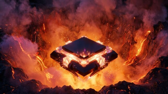 Surreal abstract display platform centered within majestic burning volcano walls, 3D illustration, dramatic fiery energy product