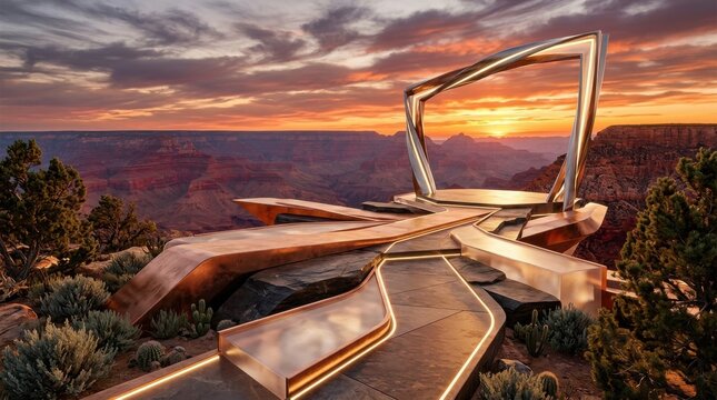 Surreal abstract display stage facing grand canyon sunset horizon line, 3D illustration, epic adventurous wilderness nature
