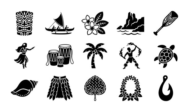 Polynesian culture icons set, 15 black silhouette Hawaiian tiki symbols, tropical island travel elements vector, tribal ethnic decorative graphics