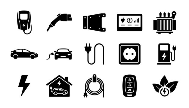 Electric vehicle charging icons set, 15 black EV station vector symbols, sustainable transport and green energy infrastructure elements