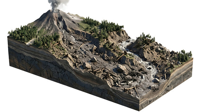 Detailed 3D geological cross section of an active volcano isolated