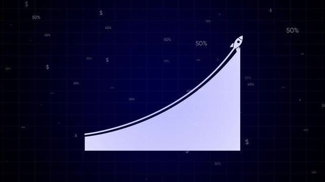 Rocket ship launching on exponential growth chart with rising percentages and dollar signs, financial success and business startup concept animation