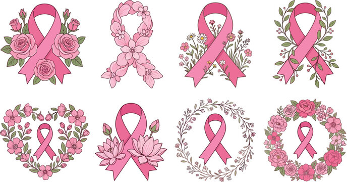 Set of eight different pink breast cancer awareness ribbons decorated with various flowers and leaves