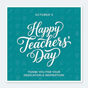 A beautiful teal greeting card design celebrating world teachers day with elegant white calligraphy text