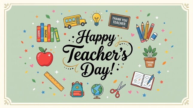 A festive greeting card design celebrating teachers day with colorful school supplies and decorative elements