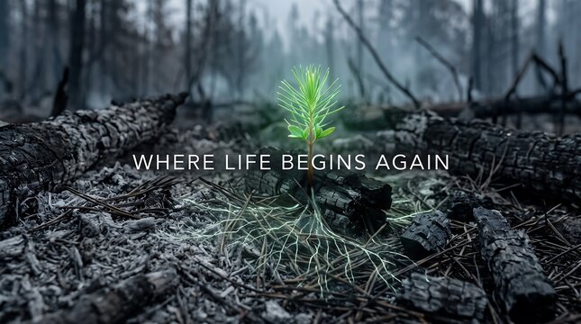 Green pine seedling growing in burnt forest, new life emerging from charcoal and ash, environmental recovery and hope concept