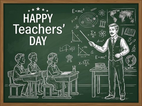 A vintage chalkboard illustration celebrating happy teachers day with a teacher and students