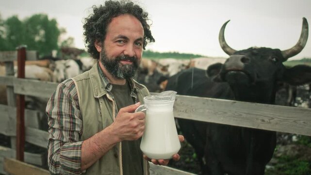 Happy dairy farmer with curly hair and beard holding glass jug of fresh organic milk and smiling at camera, standing outdoors by horned black cow in cattle pen on rainy day. Video portrait
