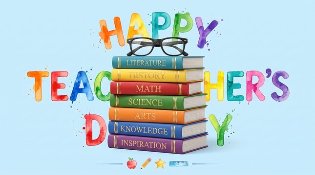 A colorful celebration design featuring a stack of books and glasses for teachers day