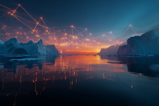 Arctic serenity: tranquil ice formations in greenland. Ai interface. Icy reflections: frozen sea and shifting icebergs of hurry inlet. Machine learning. Machine network.