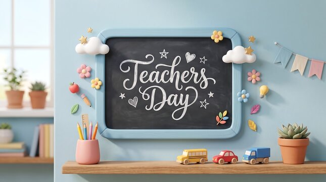A decorative chalkboard display celebrating teachers day with cute classroom accessories and soft lighting