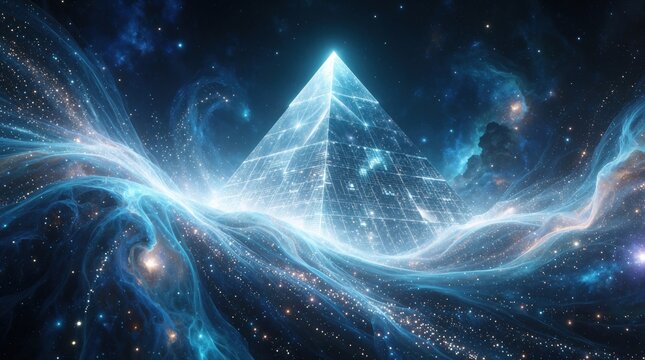 Glowing futuristic pyramid structure appears amidst cosmic energy waves and starry nebula. Digital art depicts abstract geometric shape in vibrant blue light and particle effects in deep space.