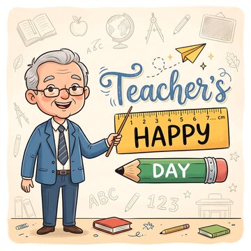 A cheerful elderly male teacher celebrating happy teachers day with educational school supplies illustration