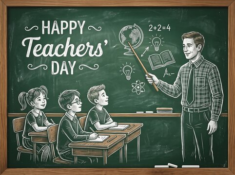 A chalkboard illustration celebrating happy teachers day with a teacher and students in class