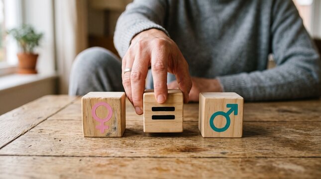 Hand placing wooden block with equal sign between female and male symbols on rustic table, representing gender equality, fairness, and balance in relationships, society, and workplace.