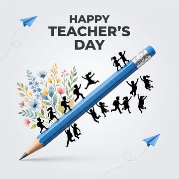 A creative illustration celebrating happy teachers day featuring silhouettes of children and a blue pencil