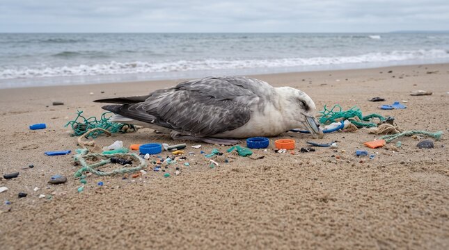 Dead seabird lying among scattered plastic debris on a sandy beach with waves in the background. Ocean plastic pollution photo for environmental NGOs and conservation marketing.