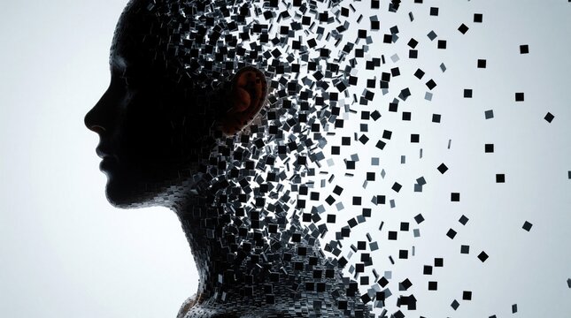 Human profile silhouette dissolves into digital cube particles. Virtual identity breaks down into data blocks. Tech concept of artificial intelligence consciousness loss system crash. Cybernetic head