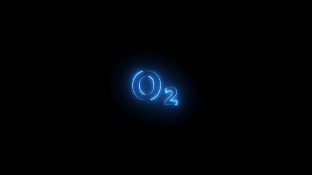 Glowing blue o2 oxygen molecule neon sign animation on black background, chemical science