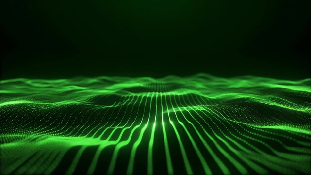 Abstract green digital wave grid with glowing dots on dark background
