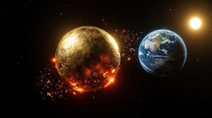 Fototapeta premium Blue Earth planet floats near glowing gold sphere in dark cosmic void. Fiery asteroids drift around burning world with hot magma surface. Bright sun light shines over galaxy stars. Space background