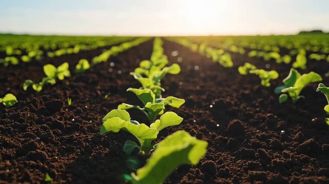 Young green sprouts growing in straight rows across vast fertile soil field at sunset
